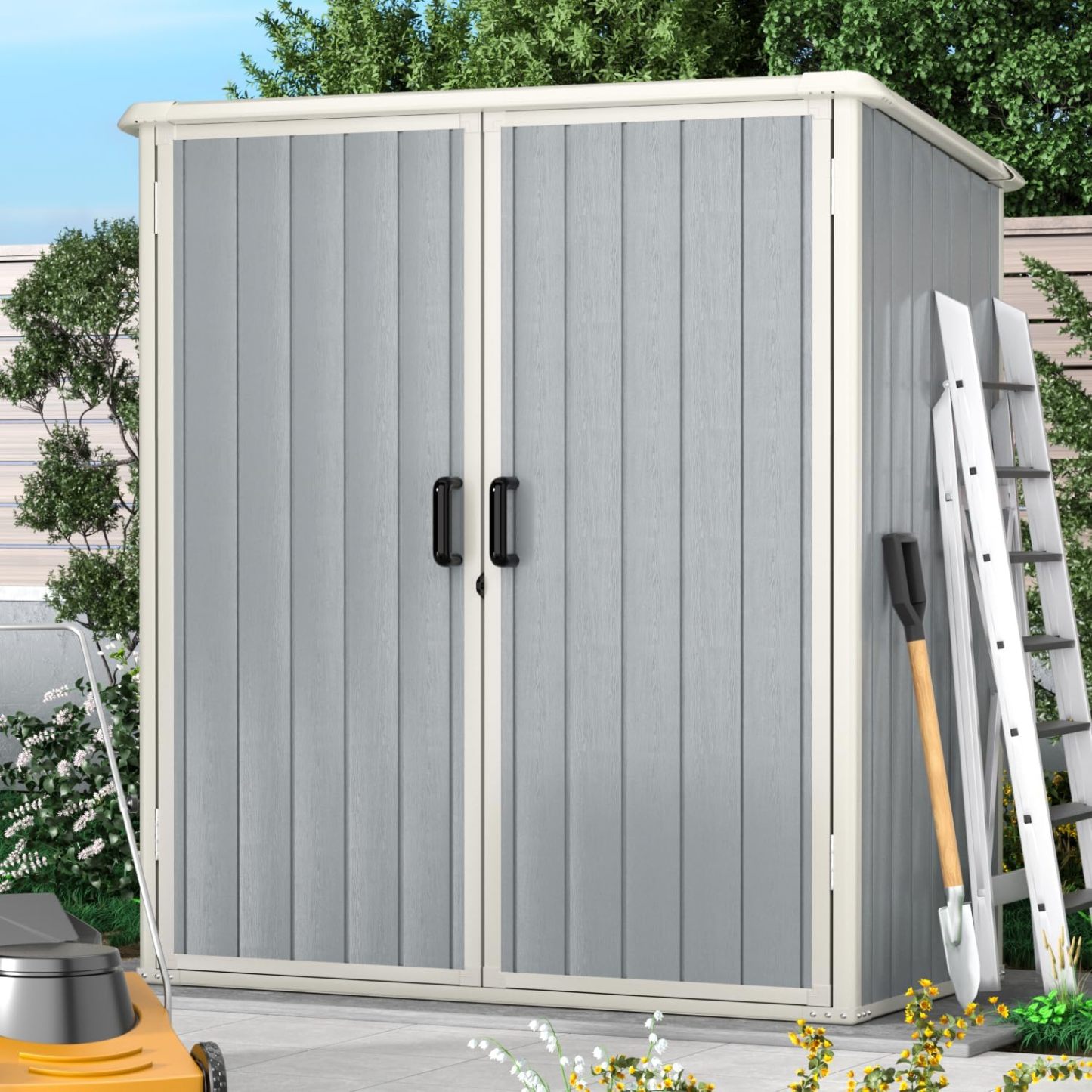 Aoxun - Cobertizo de almacenamiento para exteriores de 5 x 3 pies, cobertizo de resina con piso y puerta con cerradura, cobertizos de plástico para bote de basura, herramienta, accesorios, césped