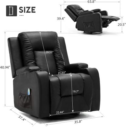 COMHOMA - Silla reclinable de Piel con calefacción y Masaje ergonómico Giratorio de 360 Grados, Soporte para Bebidas para sofá Individual, Silla de Sala de Estar, Color Negro
