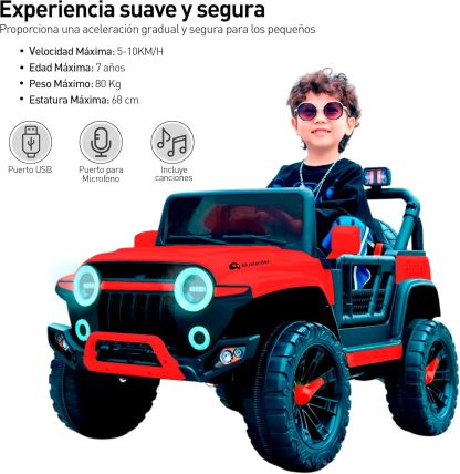 Bluelander Carro Electrico Tipo Jeep Montable Niño Niña, 69*61*105 Cm, Carro Electrico 5 KM/H, Carrito Montable Electrico Musical, Luz Led, Control Remoto, Puerto USB, MIC, Bateria Recargable (Rojo)