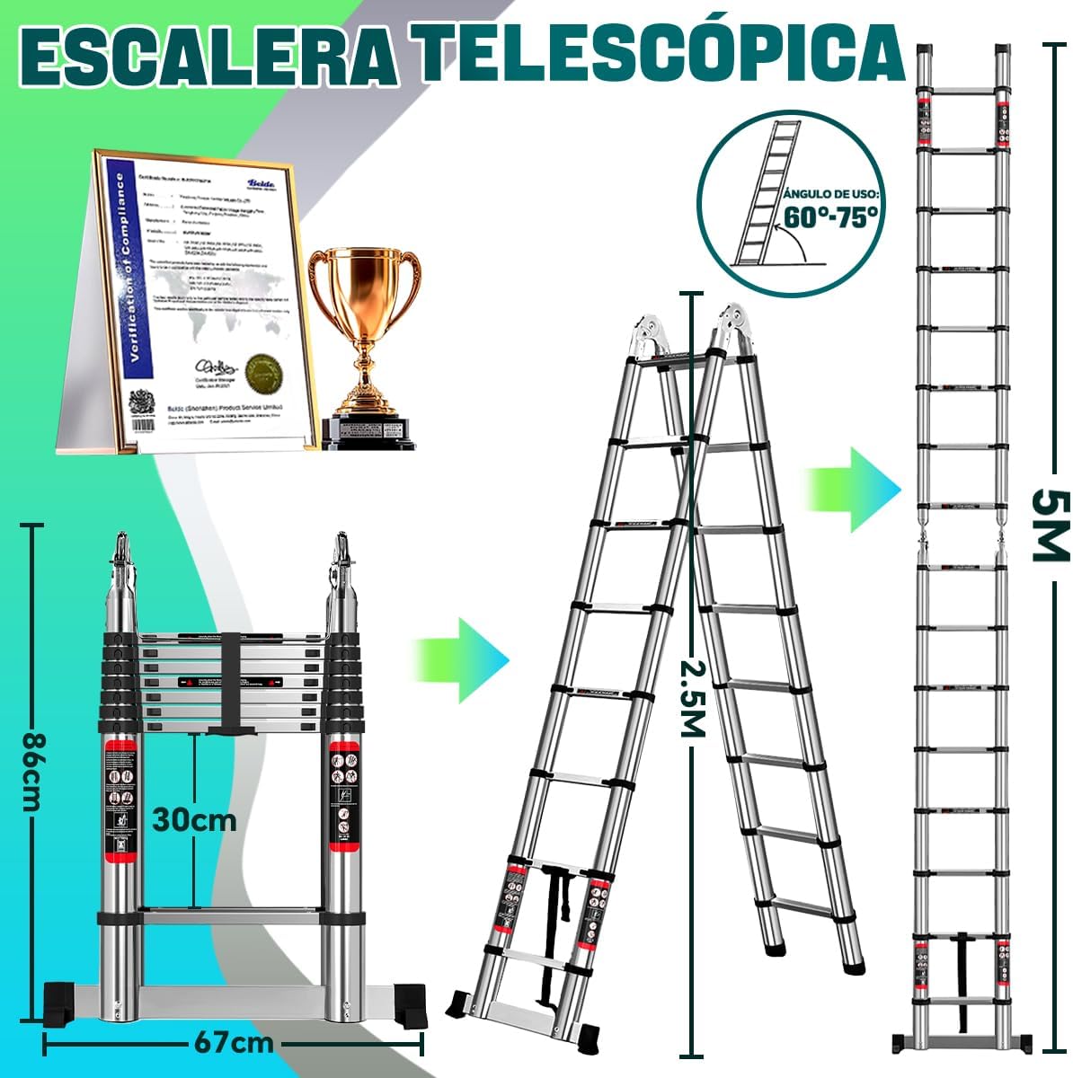 Escalera Telescópica 5 Metros Escalera de Tijera Aceros Inoxidables Plegable 2.5M+2.5M, Multiusos Retráctil Portátiles, Soporta 150 kg con Bloqueos de Seguridad