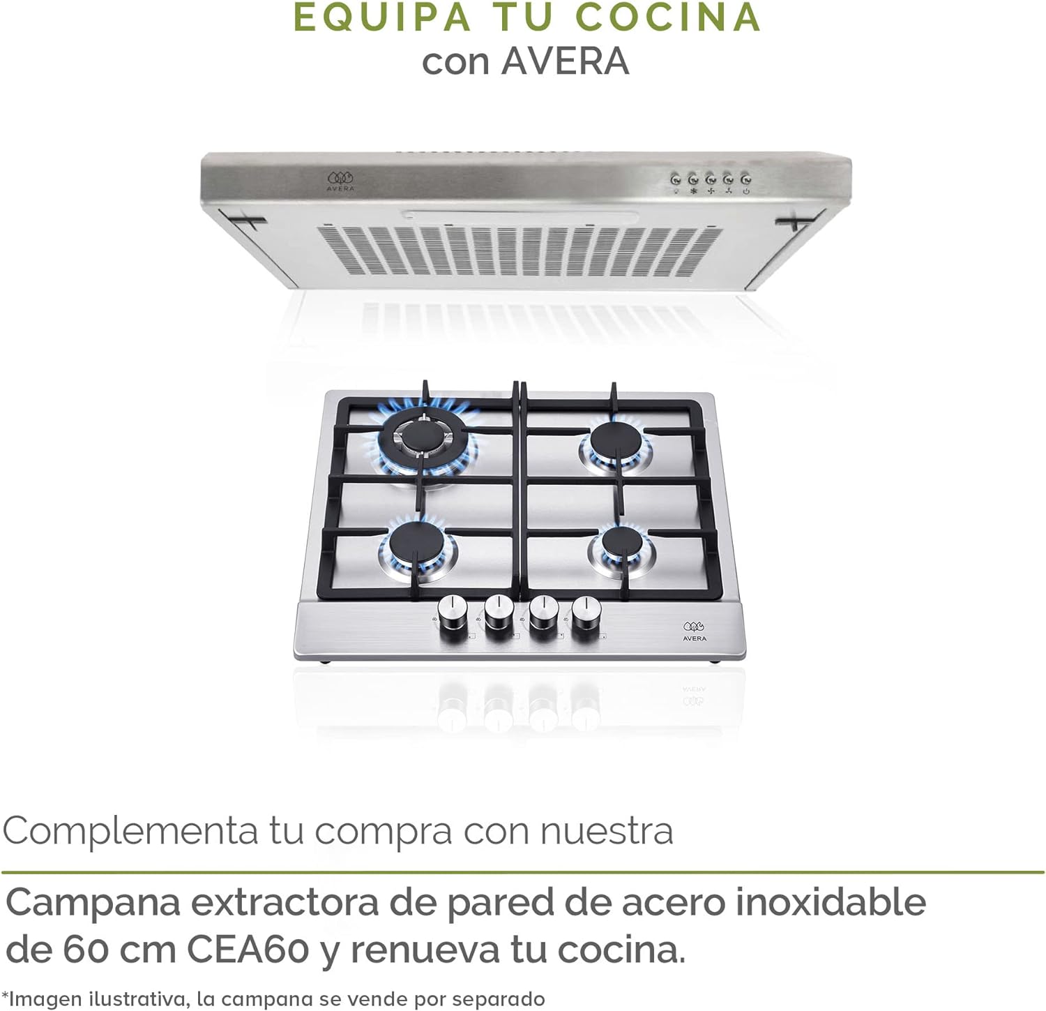 Parrilla de gas AVERA 4 fuegos, 60 cm de acero inoxidable (incluidos accesorios de montaje), encendido electrónico, pomos metálicos, placa integrada, apta para GLP y gas natural, AI4