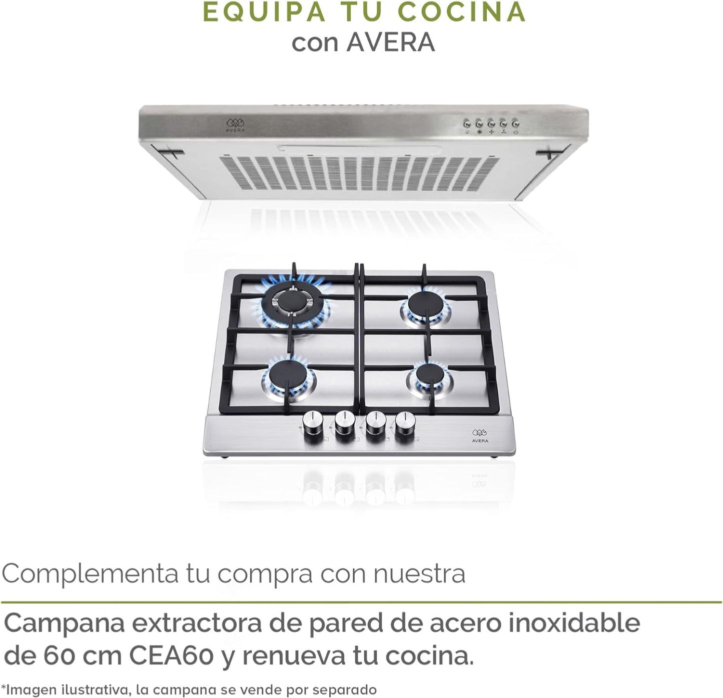 Parrilla de gas AVERA 4 fuegos, 60 cm de acero inoxidable (incluidos accesorios de montaje), encendido electrónico, pomos metálicos, placa integrada, apta para GLP y gas natural, AI4