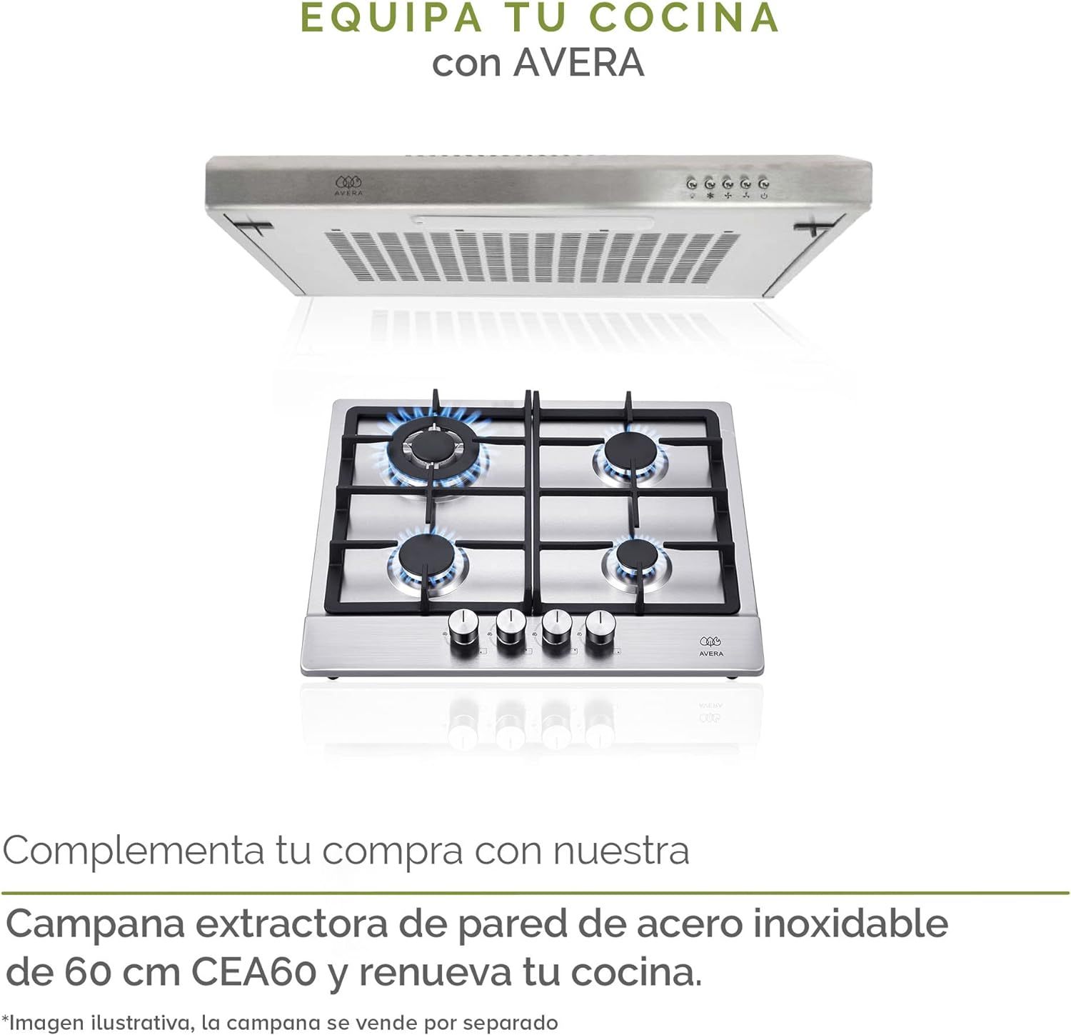 Parrilla de gas AVERA 4 fuegos, 60 cm de acero inoxidable (incluidos accesorios de montaje), encendido electrónico, pomos metálicos, placa integrada, apta para GLP y gas natural, AI4