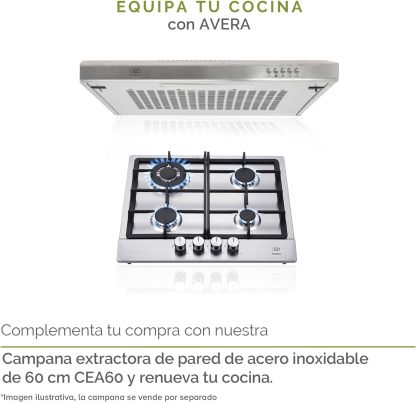 Parrilla de gas AVERA 4 fuegos, 60 cm de acero inoxidable (incluidos accesorios de montaje), encendido electrónico, pomos metálicos, placa integrada, apta para GLP y gas natural, AI4