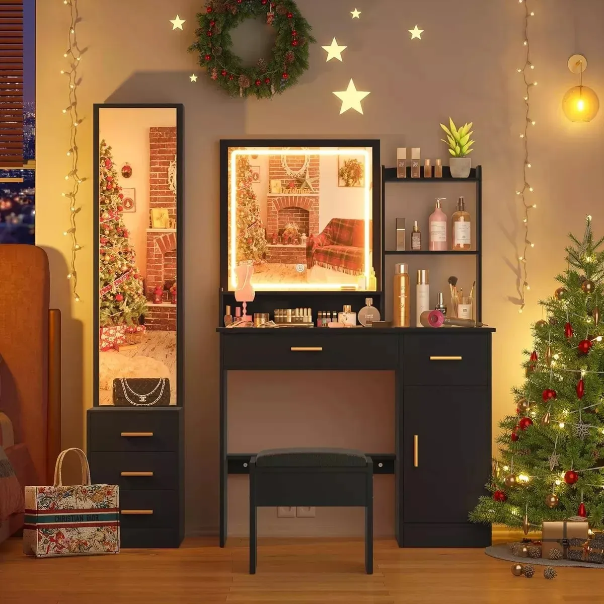 Tocador De Dormitorio Con Luces Led Y Dos Espejos Con Banco