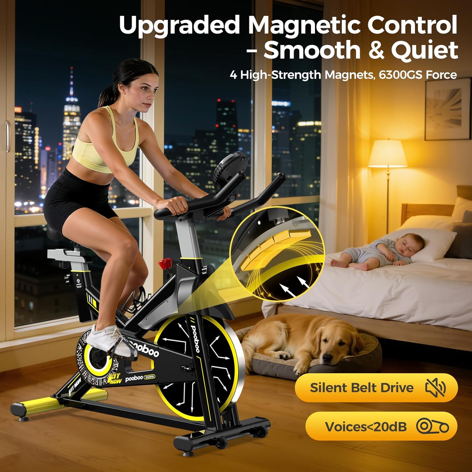 Pooboo - Bicicleta estática ajustable, magnética/almohadilla de freno, silenciosa transmisión por correa, bicicleta de ciclismo interior para el hogar, cardio, bicicleta estacionaria de fitness con