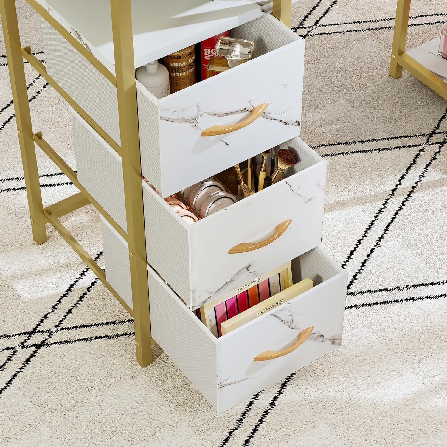 DWVO - Mesa de manicura para uñas, computadora de manicura con Textura marmolada con 3 cajones, estación de Mesa de uñas Resistente a la acetona para salón de Belleza, SPA (Blanco)