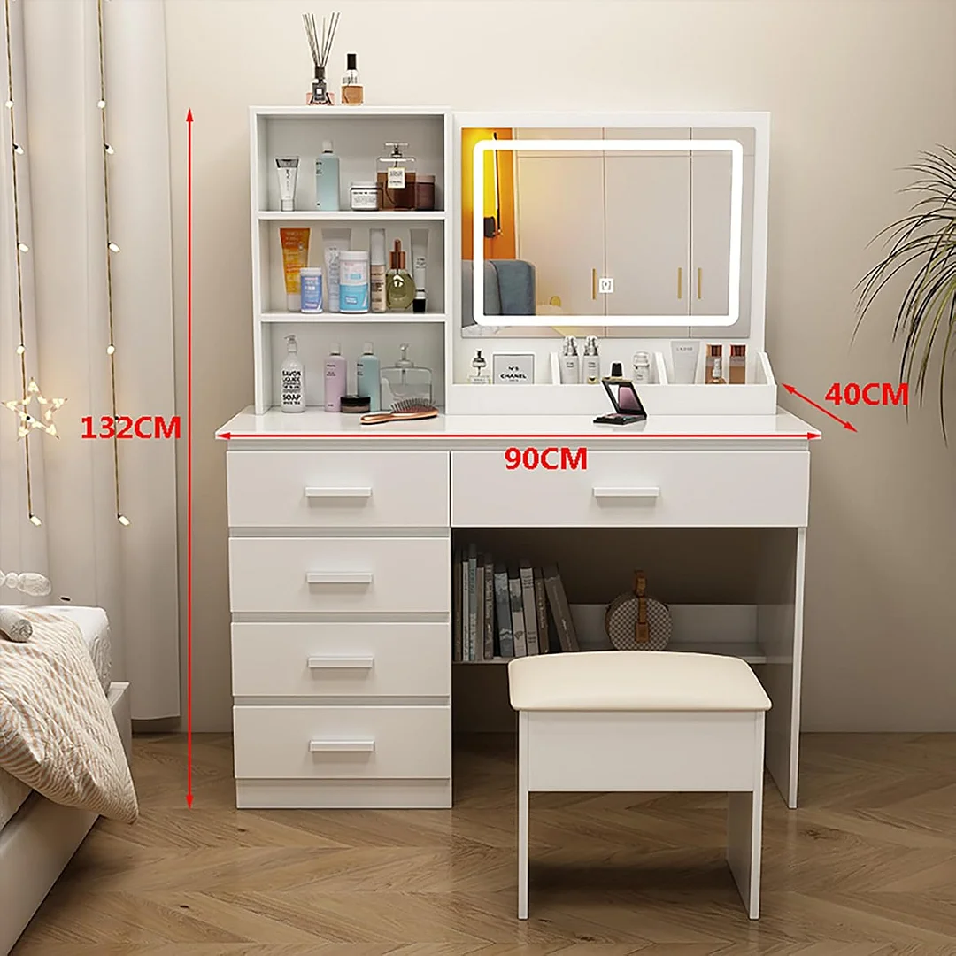 Tocador,Tocador de Maquillaje con Luces de Espejo, Vanity Tocador con 5 Cajones,Estantes de Almacenamiento,Taburete Acolchado, Tocador con 3 Estantes, Mesa de Maquillaje para Dormitorio Blanco