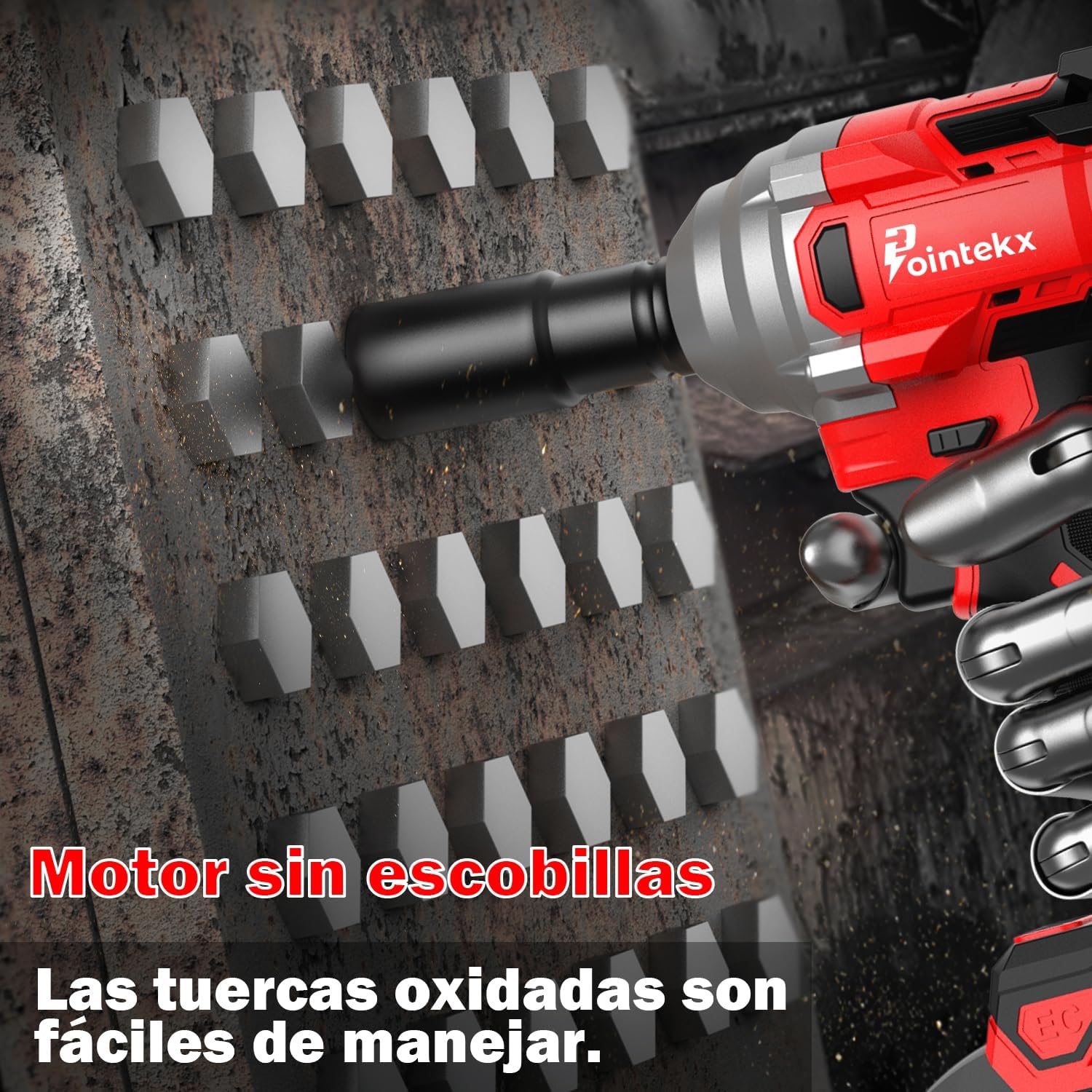 POINTEKX Pistola de Impacto 1/2" Inalambrica, 450N.M Llave de Impacto con Motor sin Escobillas, 2 * 3.0Ah Baterías Taladro de Impacto para Tornillos M6-M14, para Bricolaje y Reparación de Autos