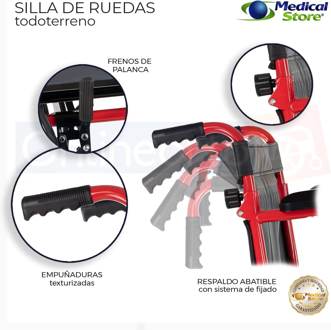 MEDICAL STORE Silla de Ruedas, Modelo 809F, Acero Resistente, Descansapies Desmontables, Descansabrazos Fijos Rectos, Asiento y Respaldo de Vinil Alta Resistencia. (ROJO)