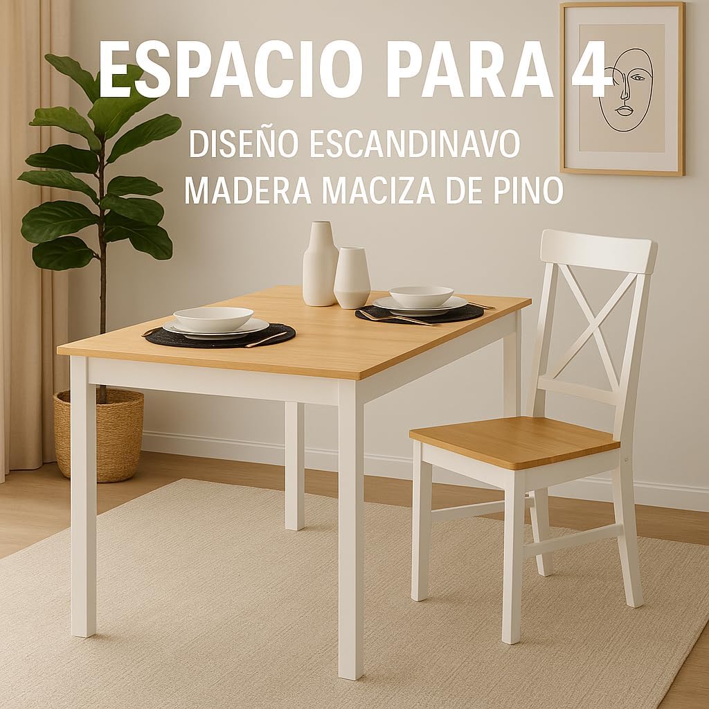 Mesa De Comedor Blanco con 4 Sillas, Madera De Pino, Resistente, Interiores Y Exteriores