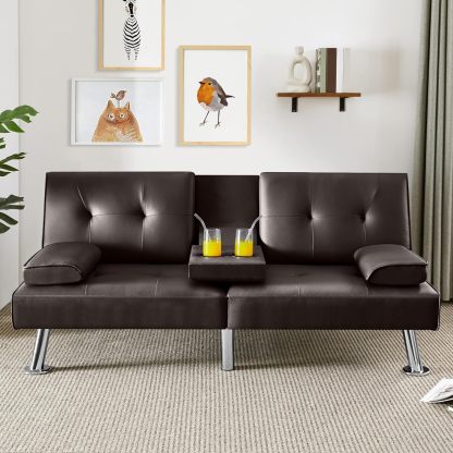 Yaheetech - Sofá cama convertible ajustable, moderno sillón reclinable, piel sintética, plegable, cama de invitados, reposabrazos extraíbles, portavasos 3 ángulos, capacidad de 317 kg, blanco