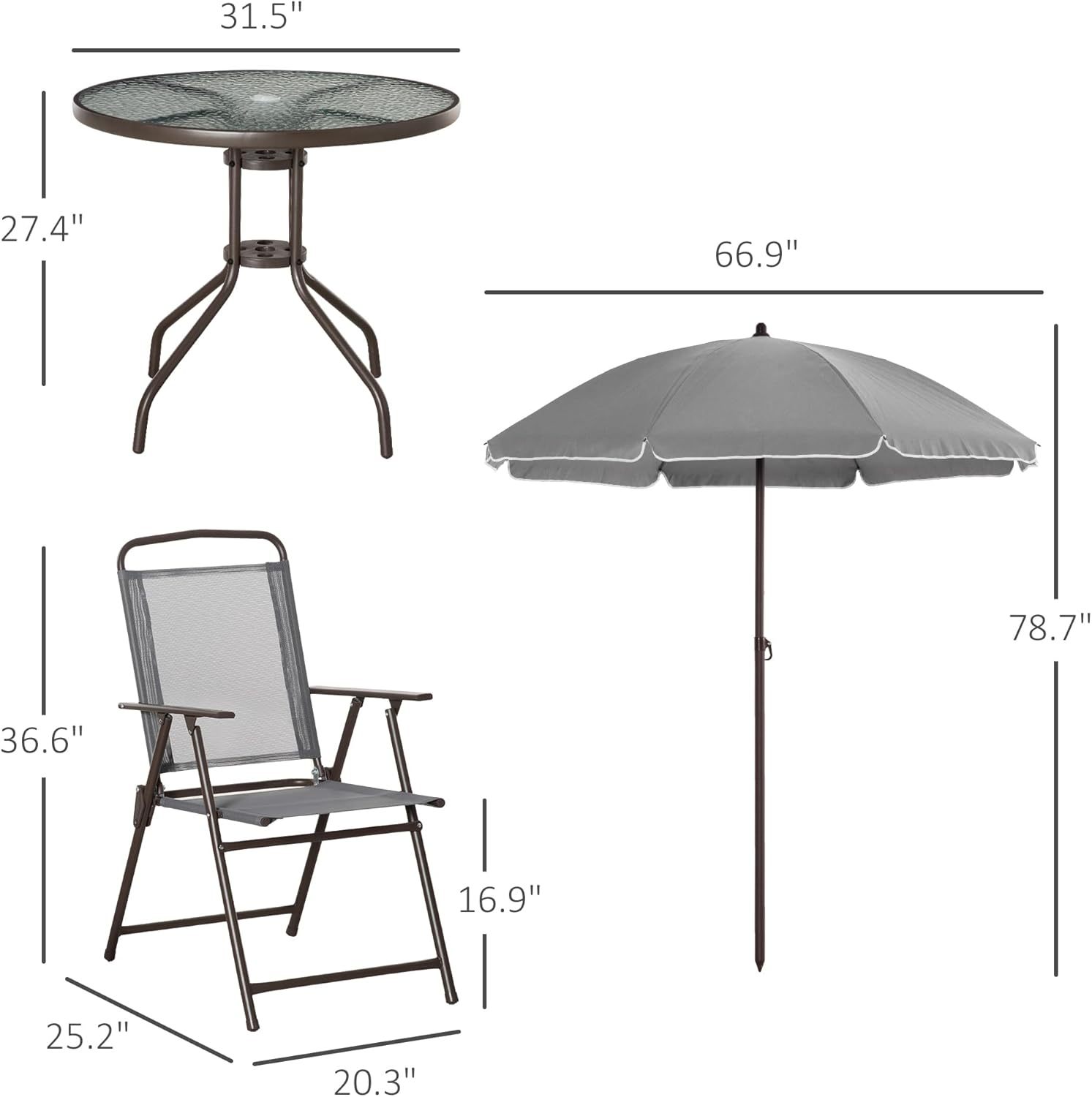 Outsunny - Juego de comedor de 6 piezas para 4 con paraguas, mesa y sillas al aire última intervensión con 4 sillas de comedor plegables y mesa redonda de vidrio para jardín, patio trasero y piscina