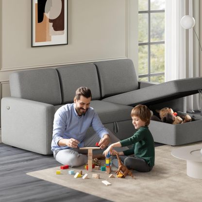 Yaheetech Sofá seccional en forma de L, sofá cama con chaise, sofá cama reversible con cama extraíble y espacio de almacenamiento, sofá convertible de tela de 4 asientos, adecuado para sala de estar, gris claro