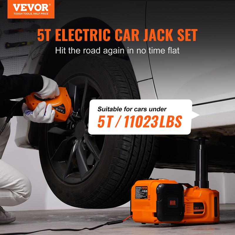 Gato eléctrico para coche, gato hidráulico de 5 toneladas/11023 libras con llave de impacto eléctrica, elevador portátil para coche con bomba de inflado integrada y luz LED para cambio de neumáticos, reparación en garaje de SUV, monovolúmenes, sedanes y c