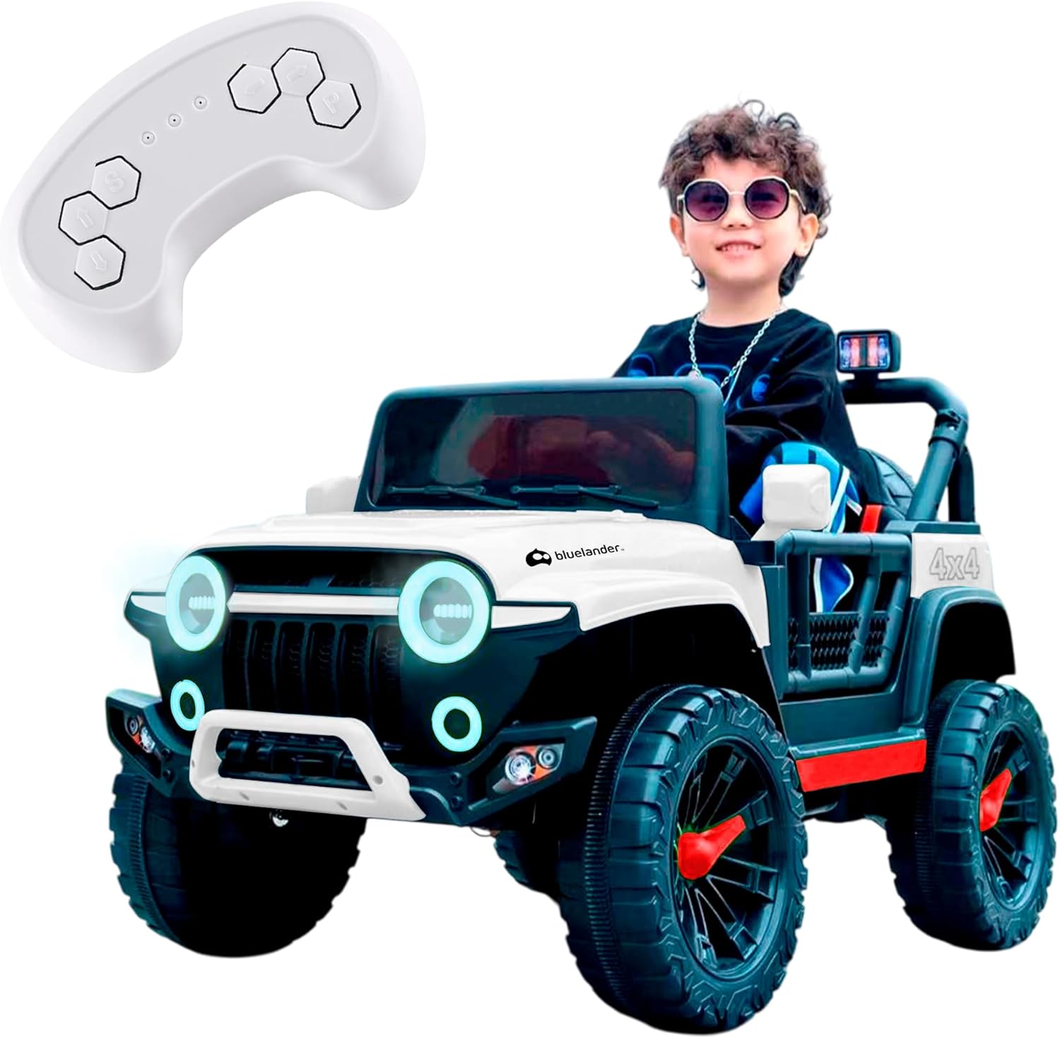 Bluelander Carro Electrico Tipo Jeep Montable Niño Niña, 69*61*105 Cm, Carro Electrico 5 KM/H, Carrito Montable Electrico Musical, Luz Led, Control Remoto, Puerto USB, MIC, Bateria Recargable (Rojo)