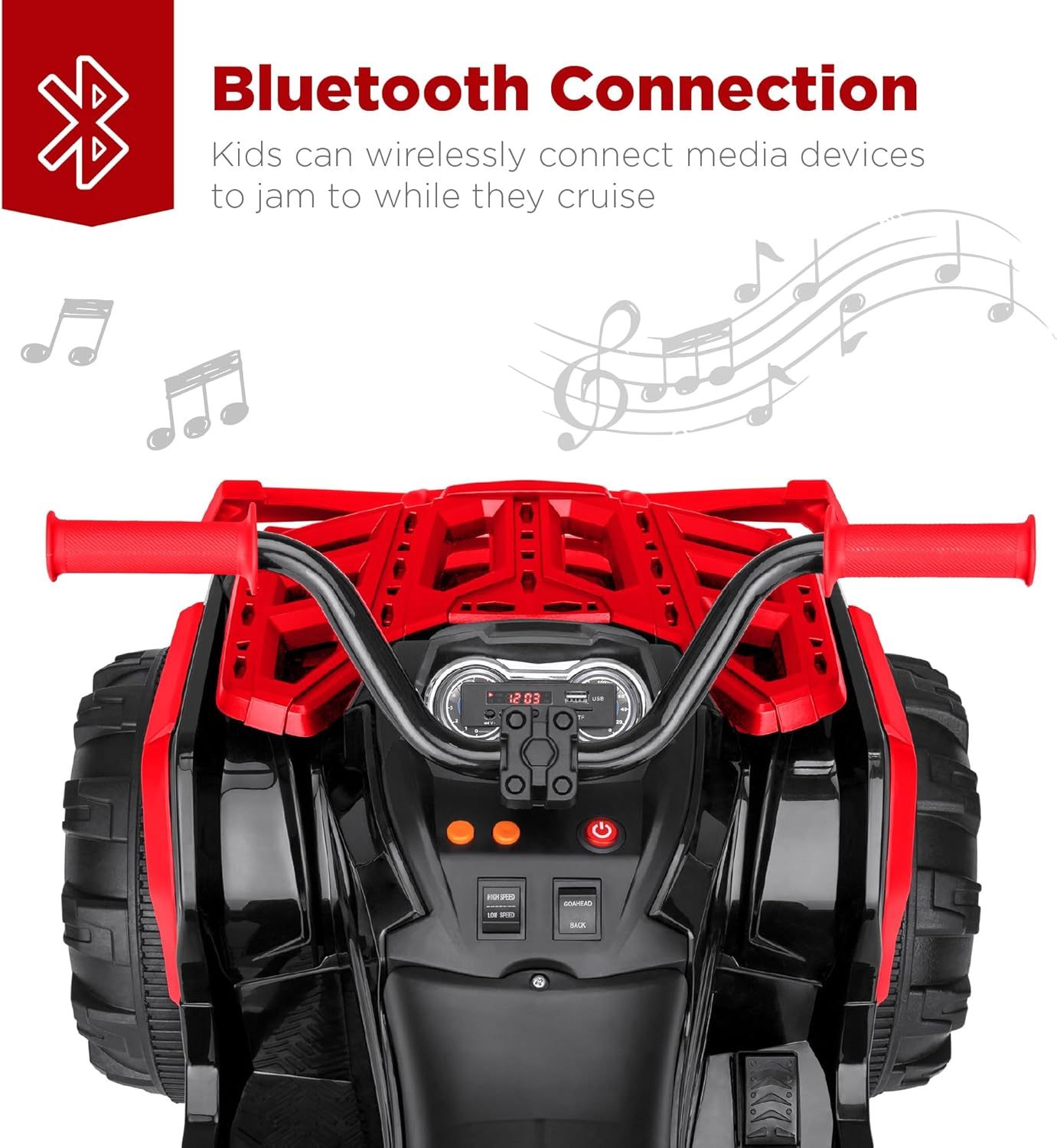 Best Choice Products 12V ATV eléctrico para niños de 4 ruedas con audio Bluetooth, velocidad máxima de 3.7 mph, neumáticos con banda de rodadura, faros LED, radio, color negro