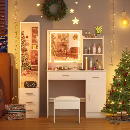 Tocador De Dormitorio Con Luces Led Y Dos Espejos Con Banco