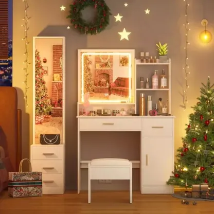 Tocador De Dormitorio Con Luces Led Y Dos Espejos Con Banco