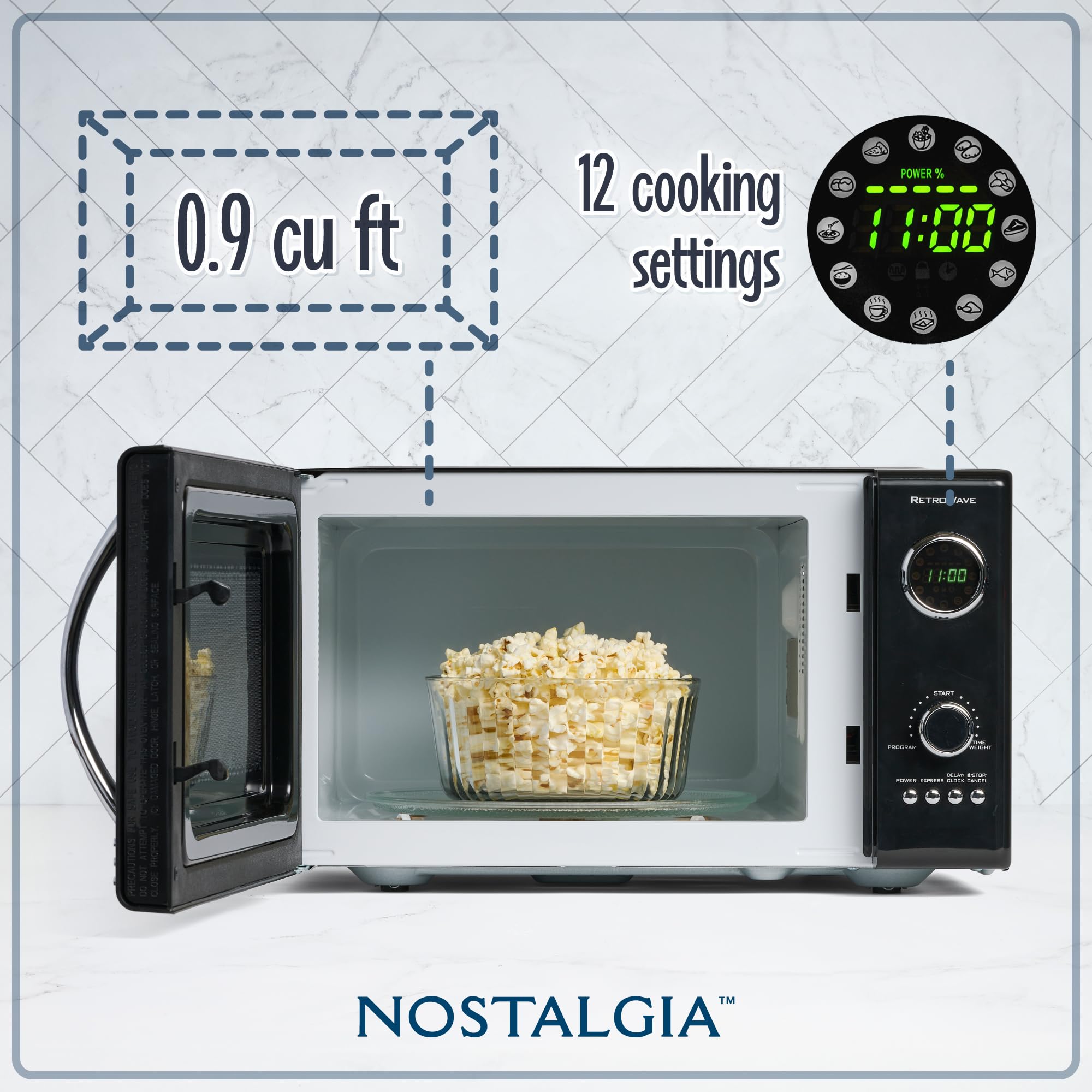 Nostalgia - Horno de microondas retro para encimera de mediados de siglo, tamaño grande de 900 W, 0.9 pies cúbicos, 8 ajustes de cocción preprogramados, reloj digital, electrodomésticos de cocina,