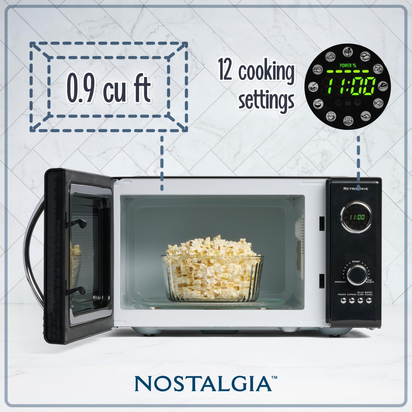 Nostalgia - Horno de microondas retro para encimera de mediados de siglo, tamaño grande de 900 W, 0.9 pies cúbicos, 8 ajustes de cocción preprogramados, reloj digital, electrodomésticos de cocina,