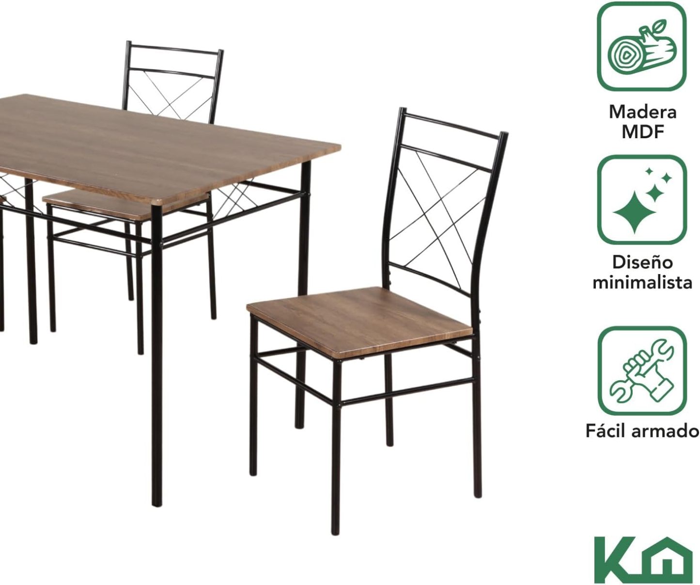 Kingshouse | Mesa de Comedor con 4 Sillas – Mesa de Madera MDF para 4 Personas – Estructura metálica – Moderna Minimalista – Juego de Mesa + 4 Sillas – Muebles para Cocina Restaurante y Cafeterías