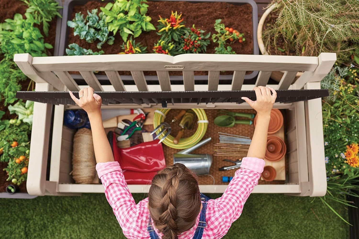 Keter Banco de jardín Eden, Caja de Almacenamiento de Jardin, Cerradura, Polipropileno, Blanco y Marrón