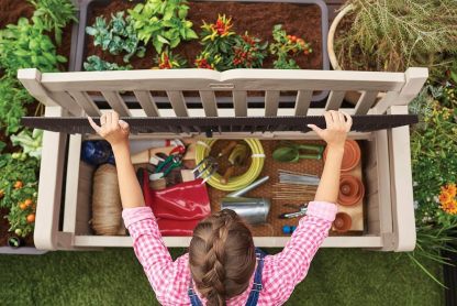 Keter Banco de jardín Eden, Caja de Almacenamiento de Jardin, Cerradura, Polipropileno, Blanco y Marrón