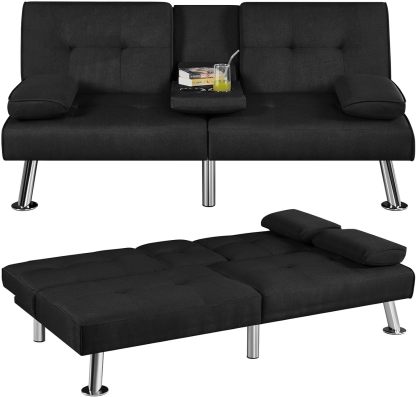 Yaheetech - Sofá cama convertible ajustable, moderno sillón reclinable, piel sintética, plegable, cama de invitados, reposabrazos extraíbles, portavasos 3 ángulos, capacidad de 317 kg, blanco