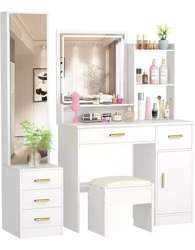 Tocador De Dormitorio Con Luces Led Y Dos Espejos Con Banco