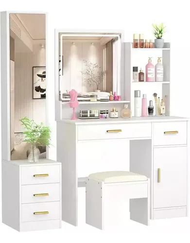 Tocador De Dormitorio Con Luces Led Y Dos Espejos Con Banco