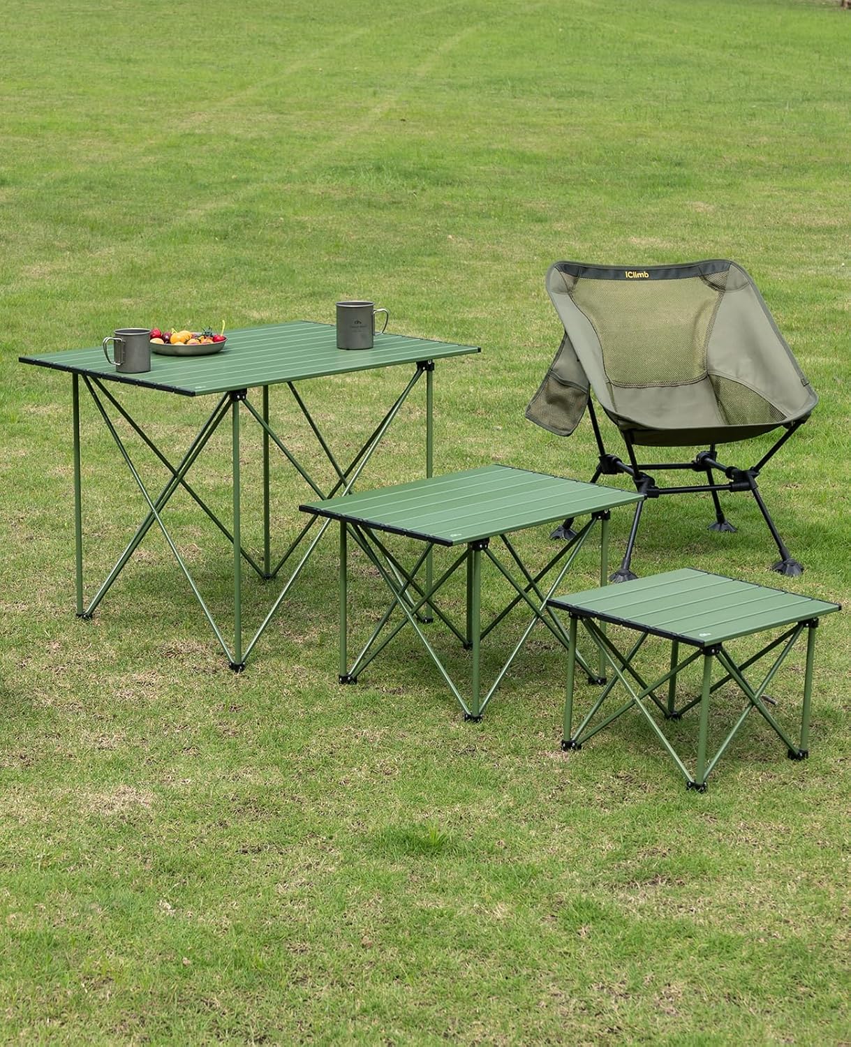 iClimb mesa de camping ultraligera, compacta, plegable con bolsa de transporte (Verde reforzado - L)
