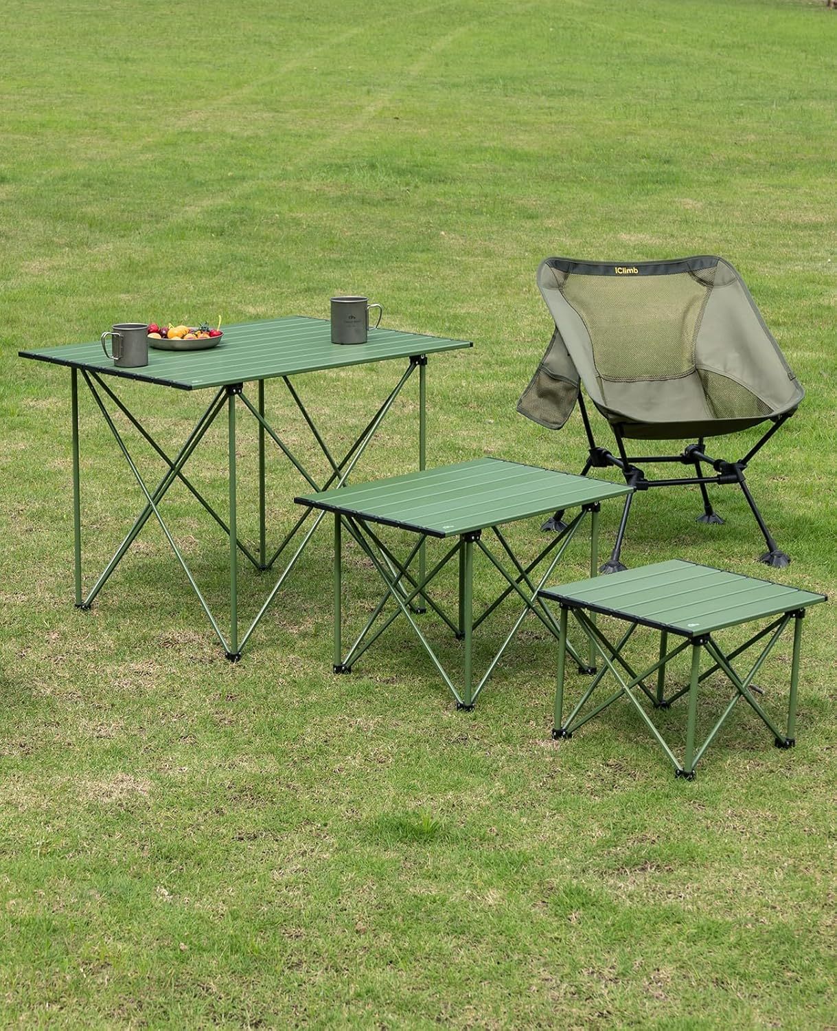iClimb mesa de camping ultraligera, compacta, plegable con bolsa de transporte (Verde reforzado - L)