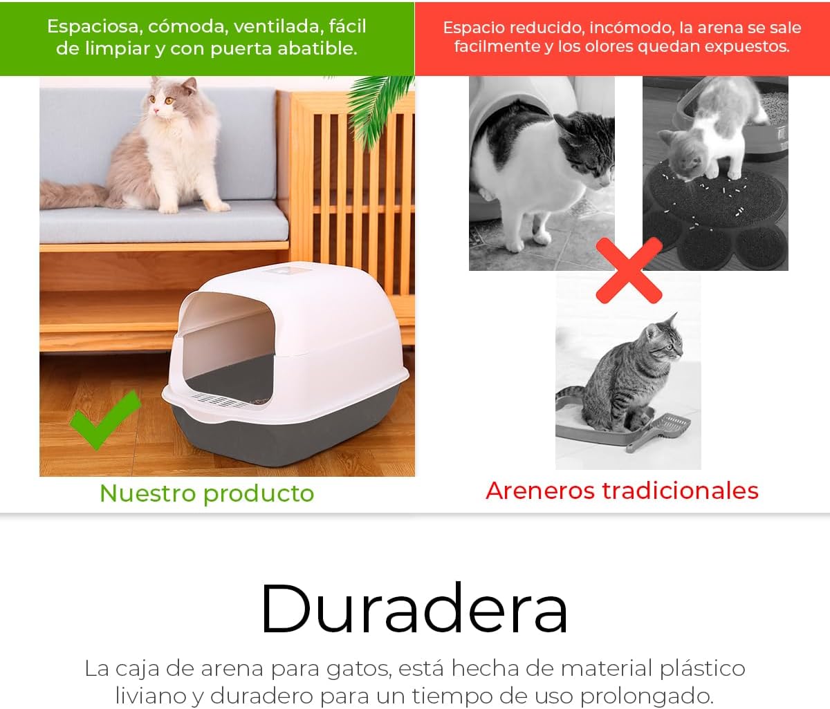Raganet, Arenero/Inodoro para Gato Cerrado de 50cm X 35cm X 33cm, Caja de Arena para Gatos con Tapa y Puerta Abatible, Antiolores, Facil de Limpiar, Incluye Pala (Gris)