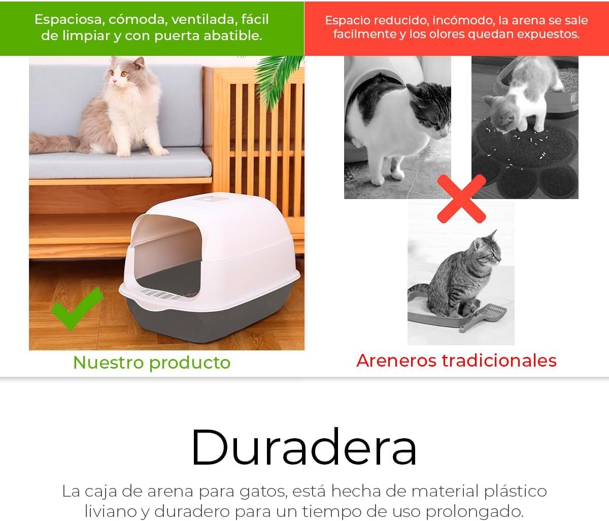 Raganet, Arenero/Inodoro para Gato Cerrado de 50cm X 35cm X 33cm, Caja de Arena para Gatos con Tapa y Puerta Abatible, Antiolores, Facil de Limpiar, Incluye Pala (Gris)