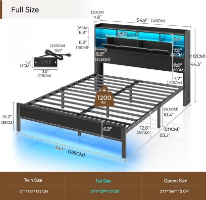 MAMALAND Base de Cama de tamaño matrimonial con estación de Carga, Marco de Cama LED con cabecera de Almacenamiento (Full)