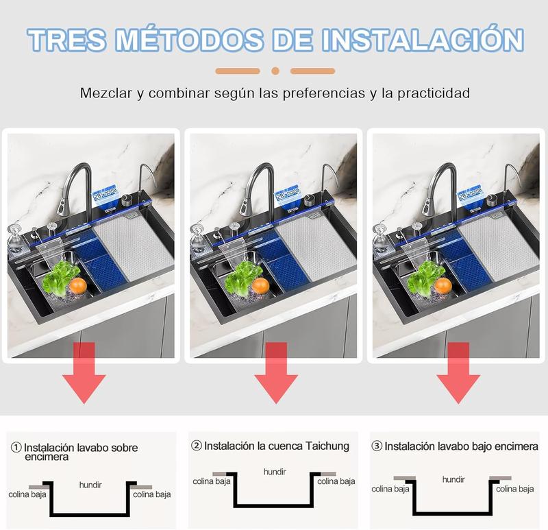 Fregadero de cocina multifuncional,tarjas para cocina acero inoxidable de 75x46 cm con pantalla digital,dispensador de jabón,tabla de cortar de doble cara fregadero de lujo con varios accesorios