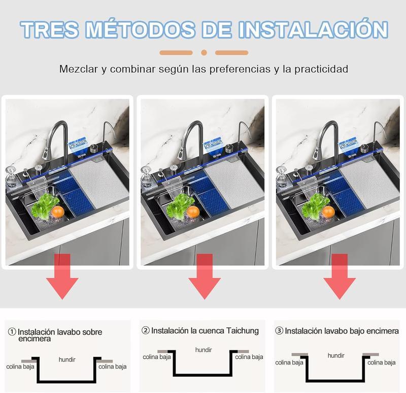 Fregadero de cocina multifuncional,tarjas para cocina acero inoxidable de 75x46 cm con pantalla digital,dispensador de jabón,tabla de cortar de doble cara fregadero de lujo con varios accesorios