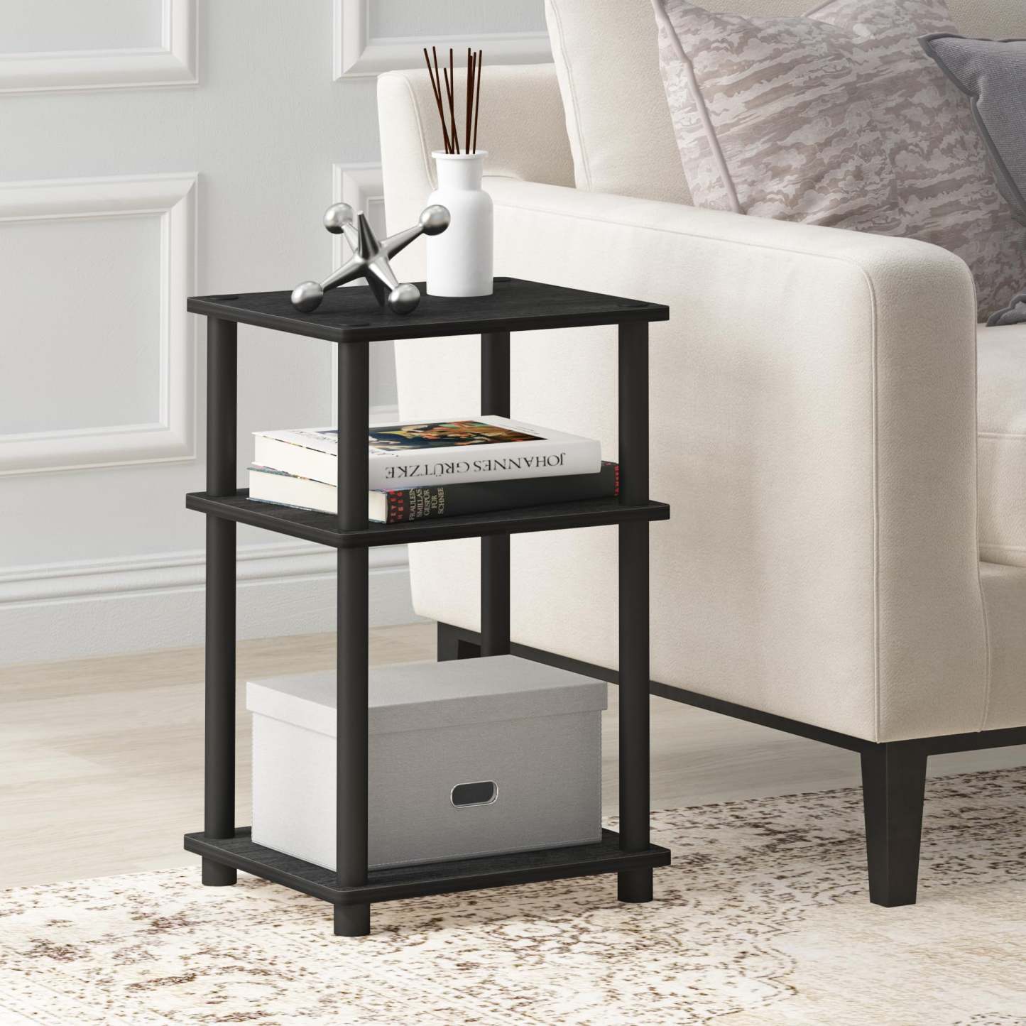 Mesa auxiliar Furinno Just de 3 niveles Turn-N-Tube, paquete de 2 unidades, americano/negra