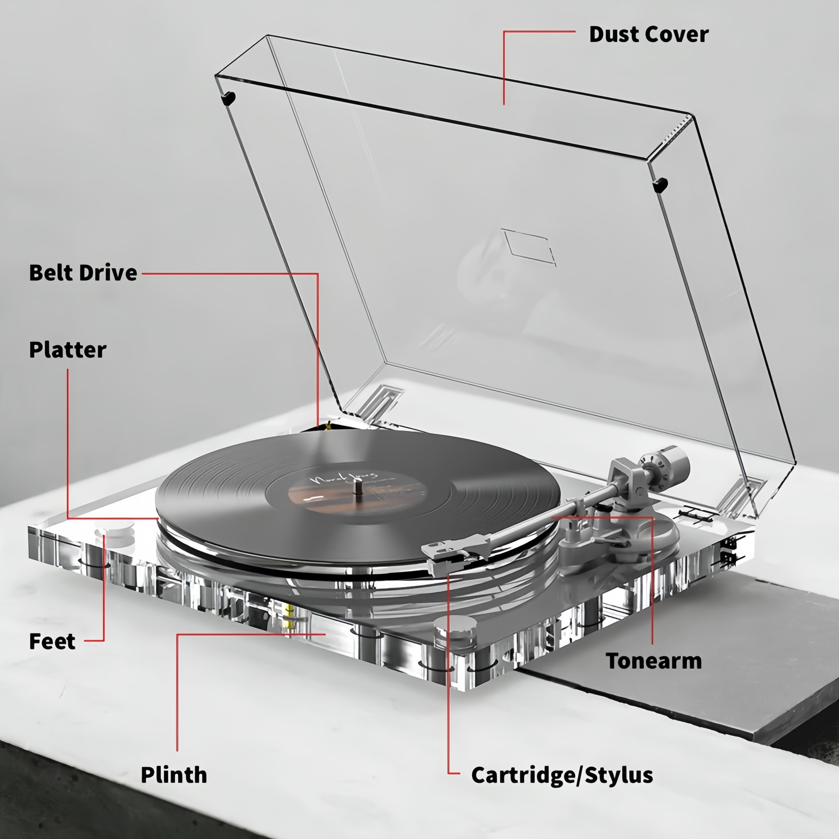 Clear Acrylic Bluetooth Record Player – Stable Belt Drive Turntable with Low Noise & Dynamic Audio