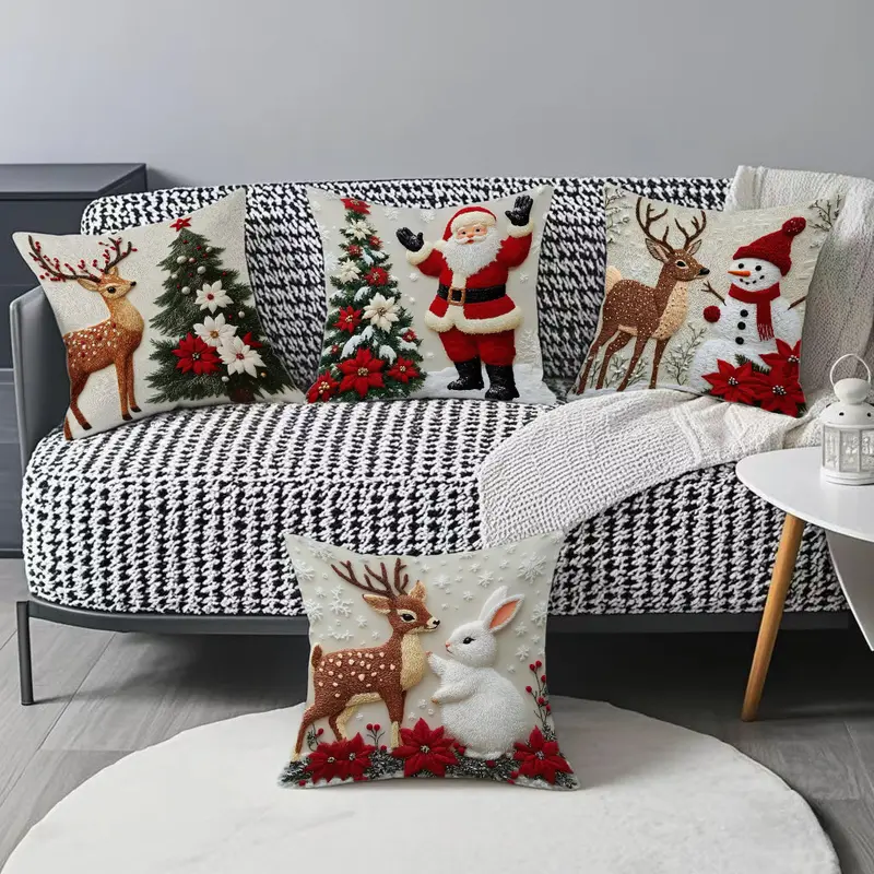 Unisex Super Soft Square Short Plush Christmas Throw Pillow Set (4 Pcs) - Santa+Bunny Mix, Reindeer Designs - Yule Aesthetic Home Goods, House Decor, Living Room Decor, Festive Party Supplies