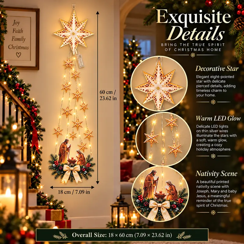 Christmas Nativity Star Light Wall Decor, Bethlehem Star Hanging String Lights with Holy Family Scene, Warm Glow Christian Holiday Home Decoration