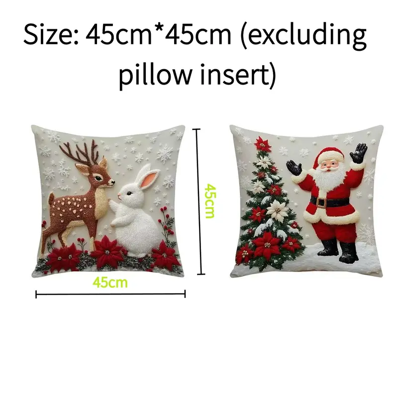Unisex Super Soft Square Short Plush Christmas Throw Pillow Set (4 Pcs) - Santa+Bunny Mix, Reindeer Designs - Yule Aesthetic Home Goods, House Decor, Living Room Decor, Festive Party Supplies
