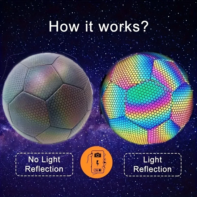 Reflective Holographic Soccer Ball Size 5 - Luminous PU Leather for Flash Photos & Videos (Pump Included)