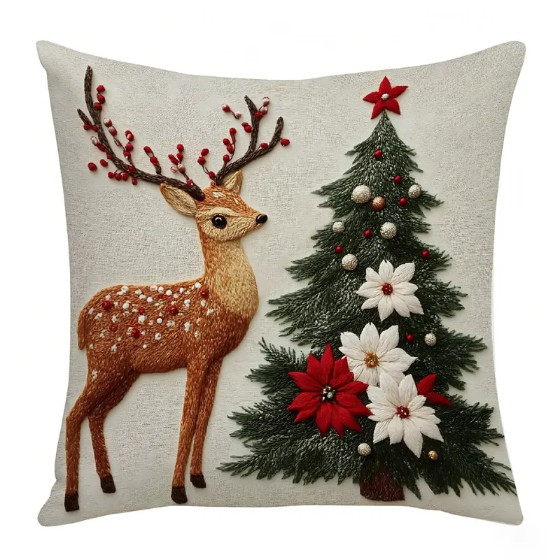 Unisex Super Soft Square Short Plush Christmas Throw Pillow Set (4 Pcs) - Santa+Bunny Mix, Reindeer Designs - Yule Aesthetic Home Goods, House Decor, Living Room Decor, Festive Party Supplies