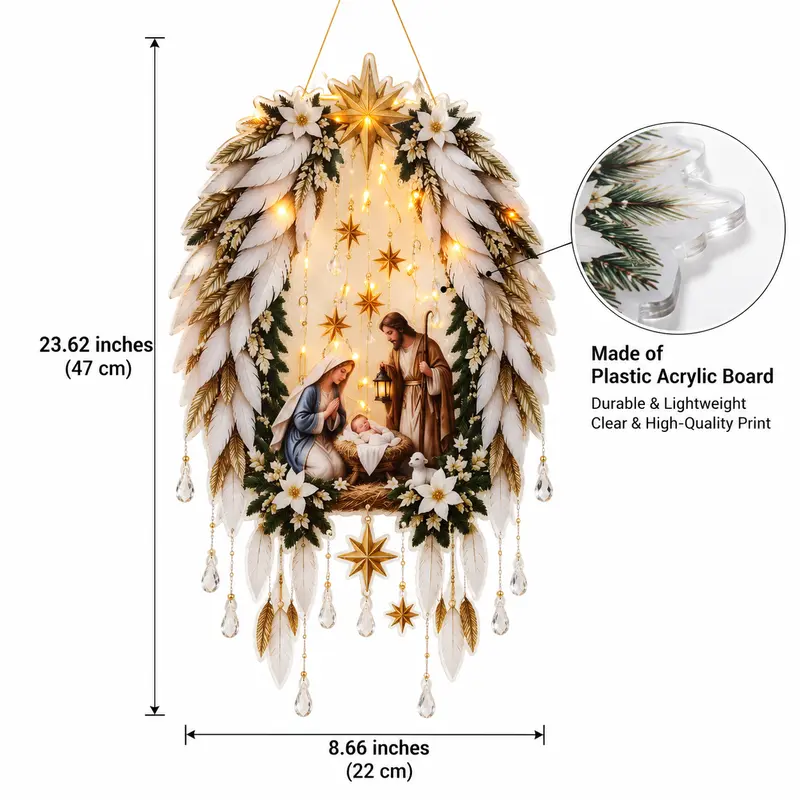 Christmas Nativity Star Light Wall Decor, Bethlehem Star Hanging String Lights with Holy Family Scene, Warm Glow Christian Holiday Home Decoration
