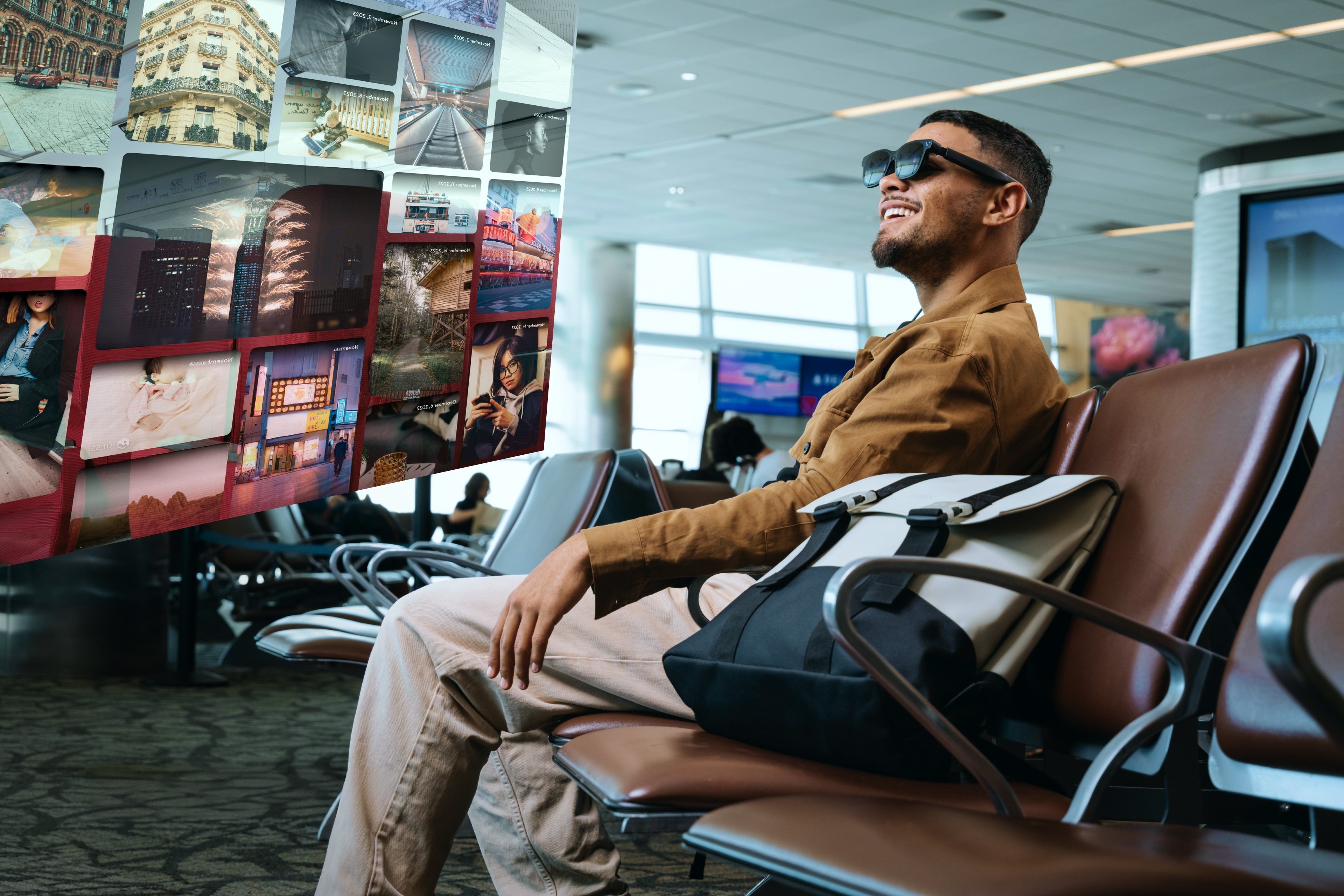 Man using XR glasses with virtual screen in an airport