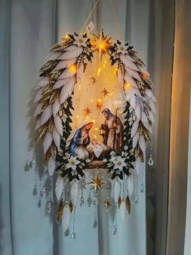 Christmas Nativity Star Light Wall Decor, Bethlehem Star Hanging String Lights with Holy Family Scene, Warm Glow Christian Holiday Home Decoration