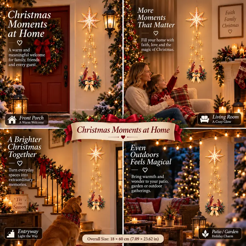 Christmas Nativity Star Light Wall Decor, Bethlehem Star Hanging String Lights with Holy Family Scene, Warm Glow Christian Holiday Home Decoration