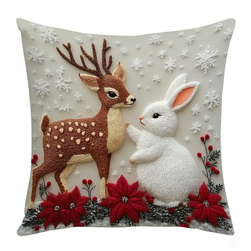 Unisex Super Soft Square Short Plush Christmas Throw Pillow Set (4 Pcs) - Santa+Bunny Mix, Reindeer Designs - Yule Aesthetic Home Goods, House Decor, Living Room Decor, Festive Party Supplies